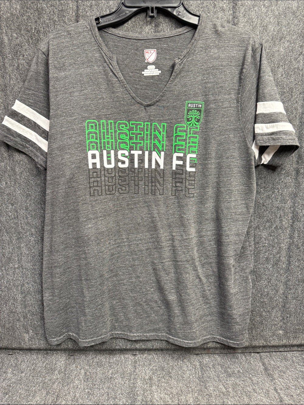 Austin FC Women's Gray V-Neck Tee with Green Logo